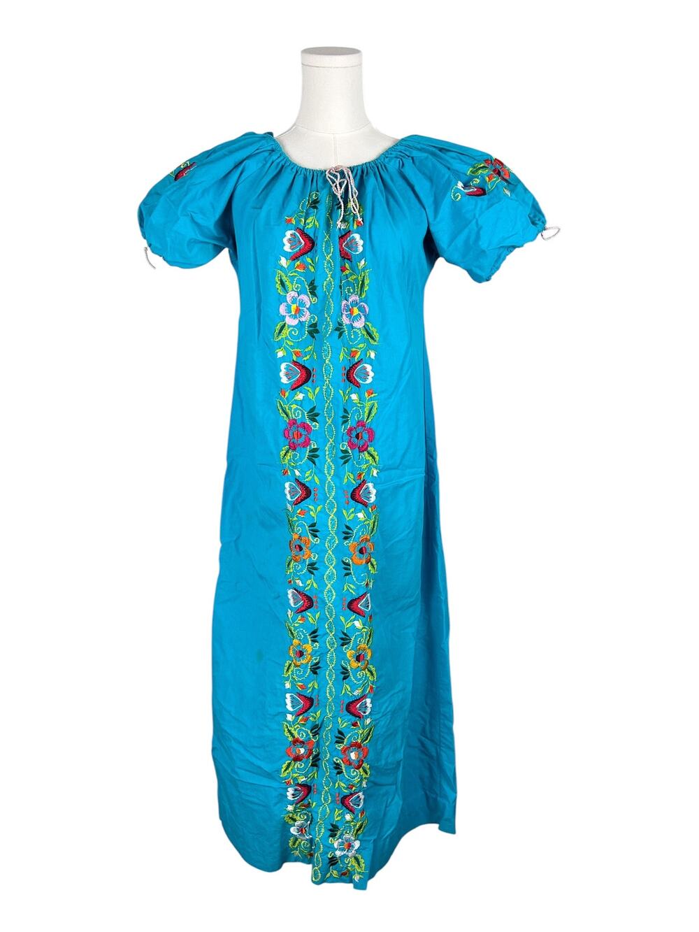 Vintage Cotton Multicolored Floral Embroidered Oaxaca Puff Sleeve Maxi Dress L